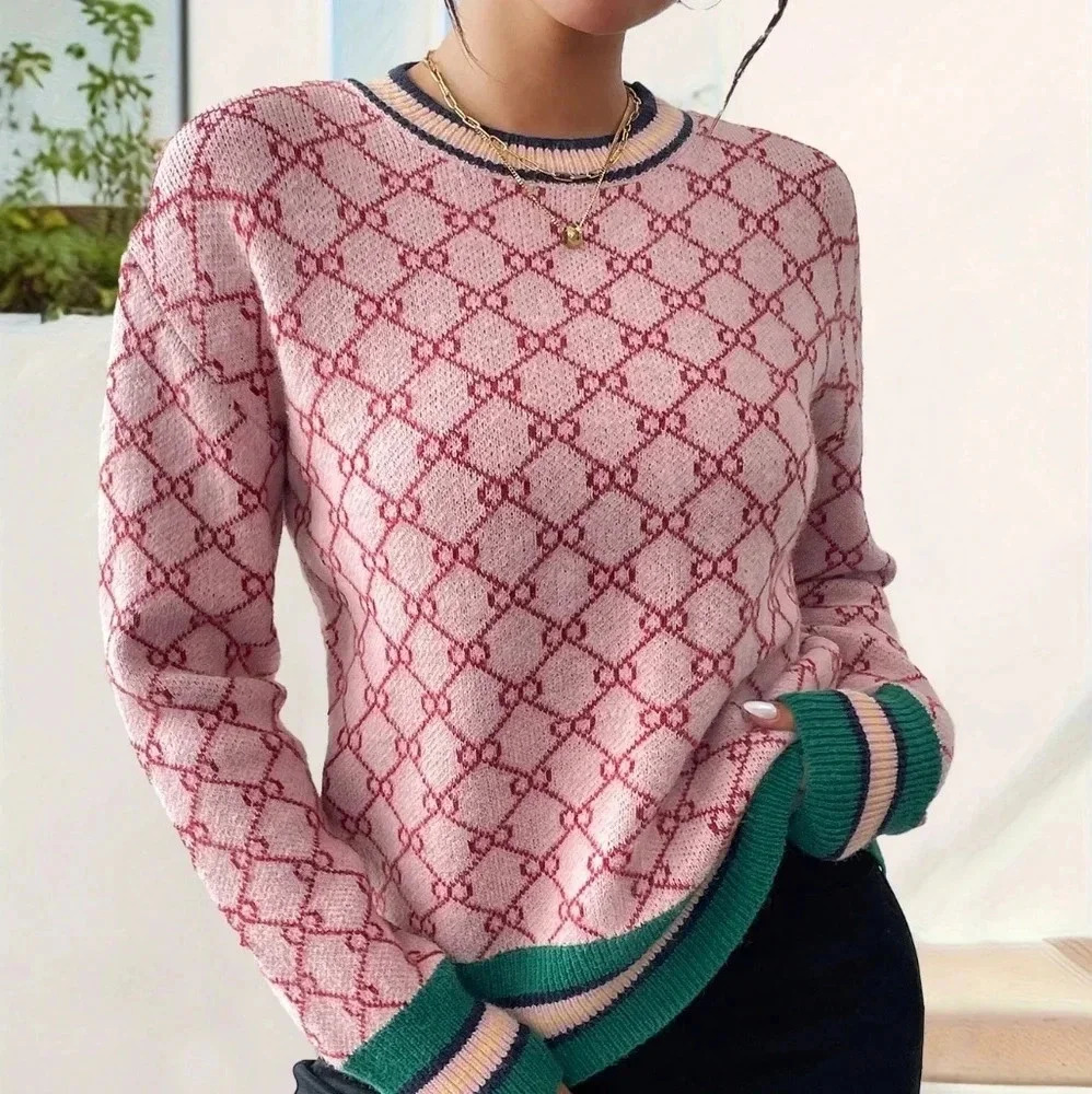 Allover Print Colorblock Crew Neck Long Sleeve Sweater - Picture 5 of 6
